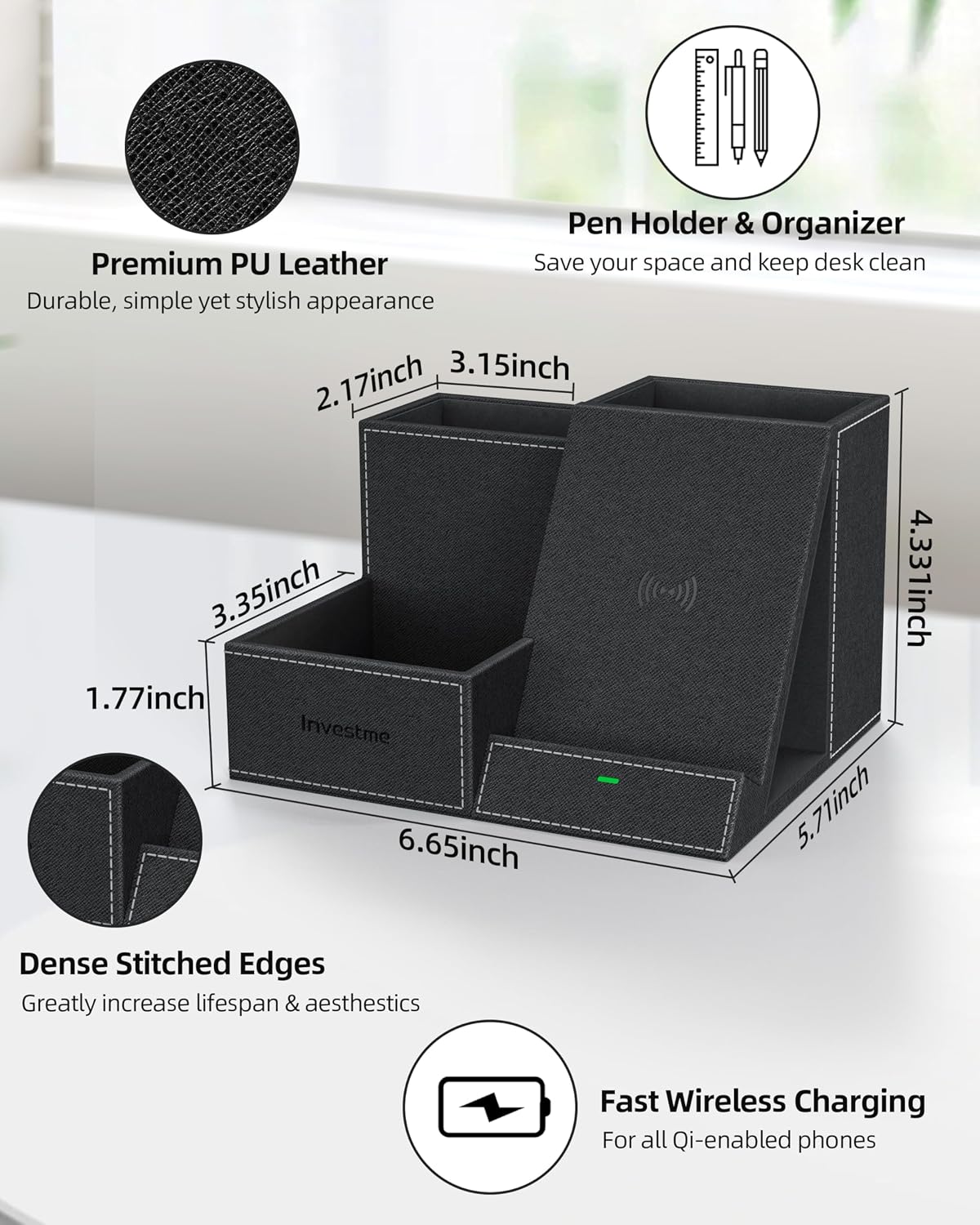 Wireless Charger with Desk Organizer, 3 Compartments and 1 Phone Stand