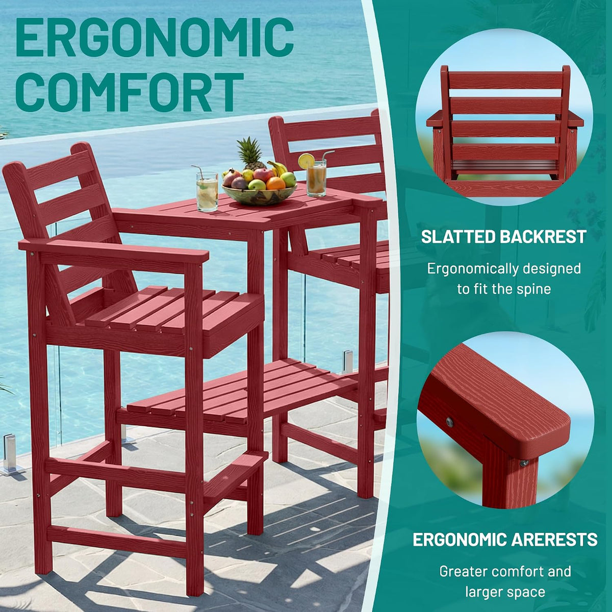 PLUUV Tall Adirondack Chairs Set of 2 with Double Table Trays, Red