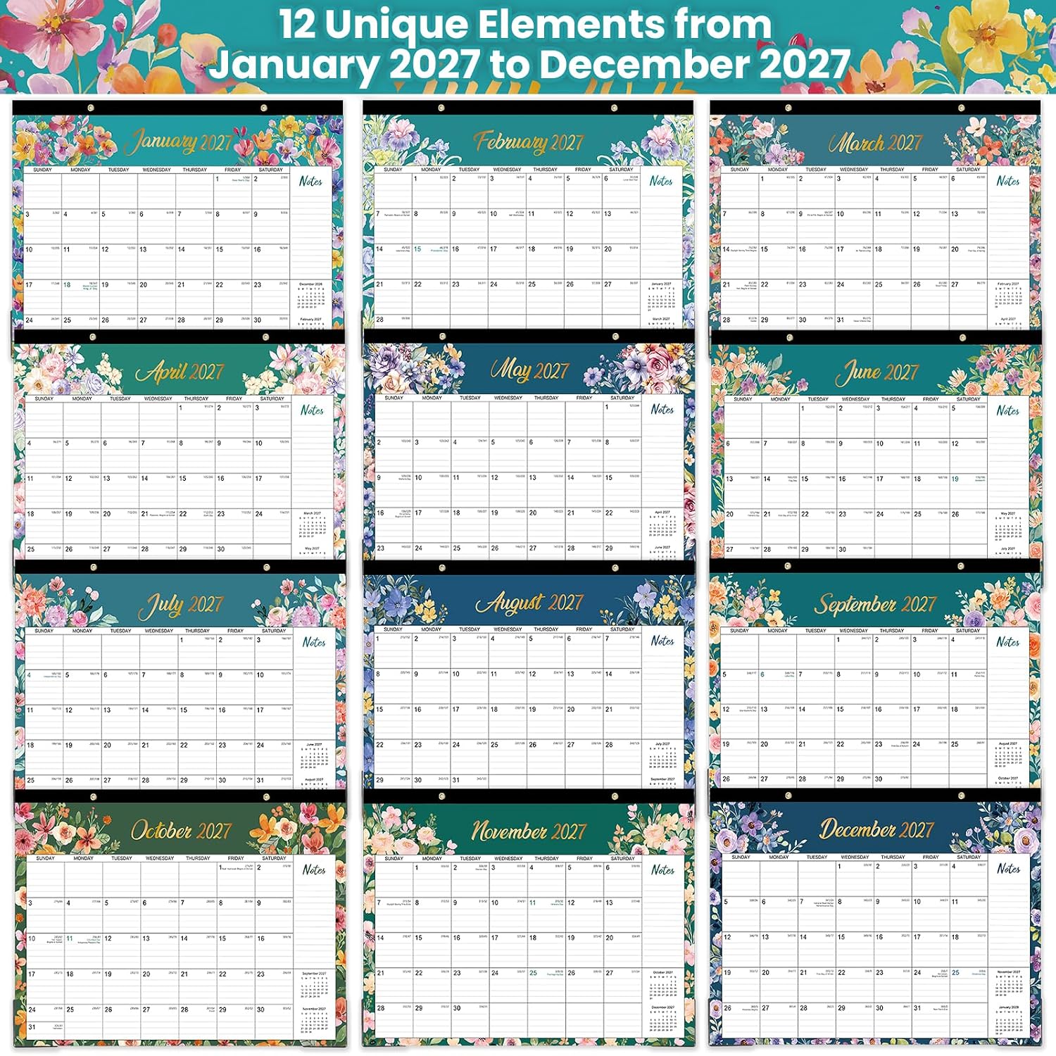 2027 Desk Calendar - January 2027 - December 2027, 17" x 12" | Large Desk Calendar, 12-Month Desktop/Wall Monthly Calendar for Home School, or Office - 12 Floral Patterns