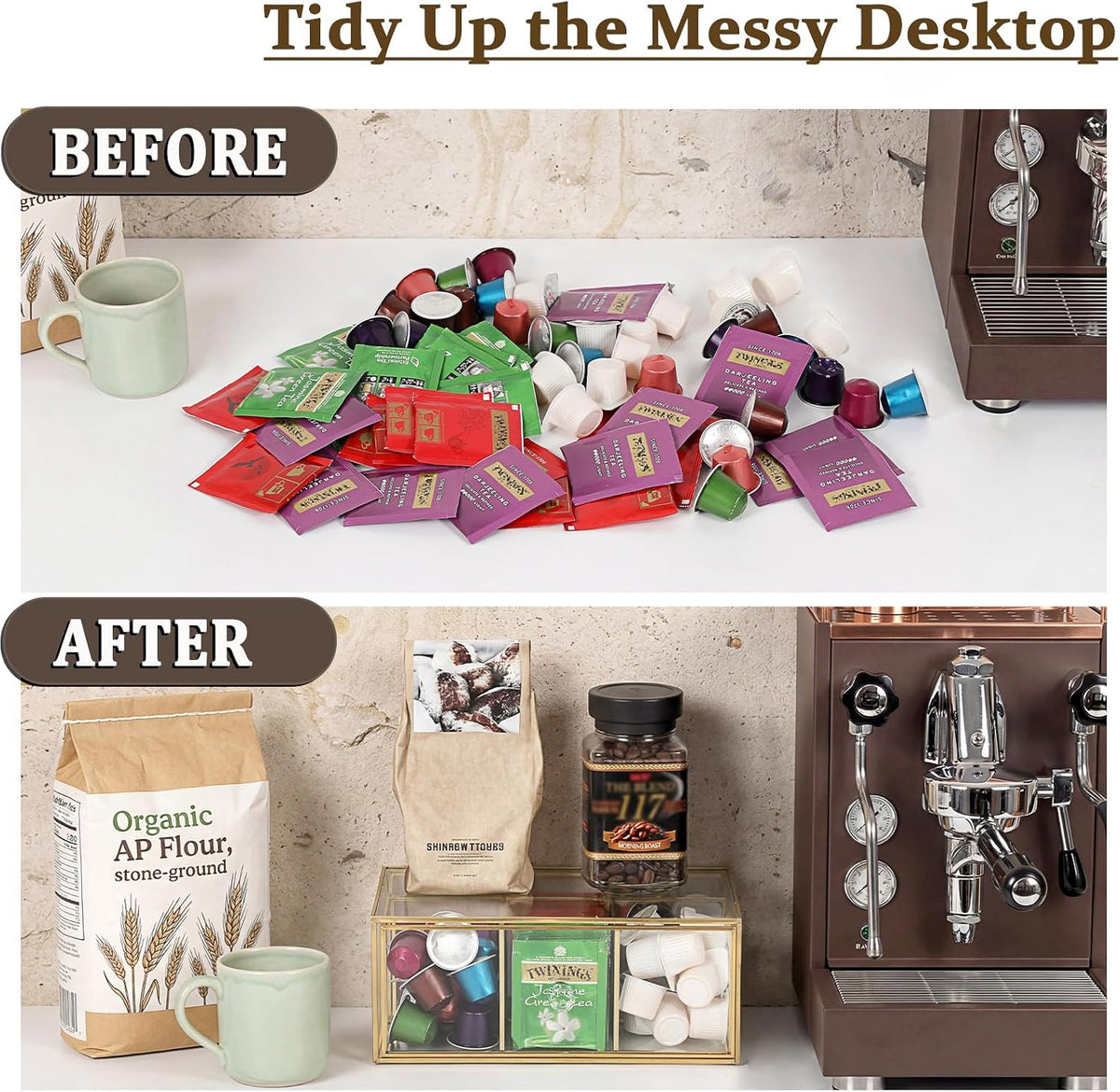 Glass Tea Bag Organizer with Drawer, Clear Teabag Holder Counter