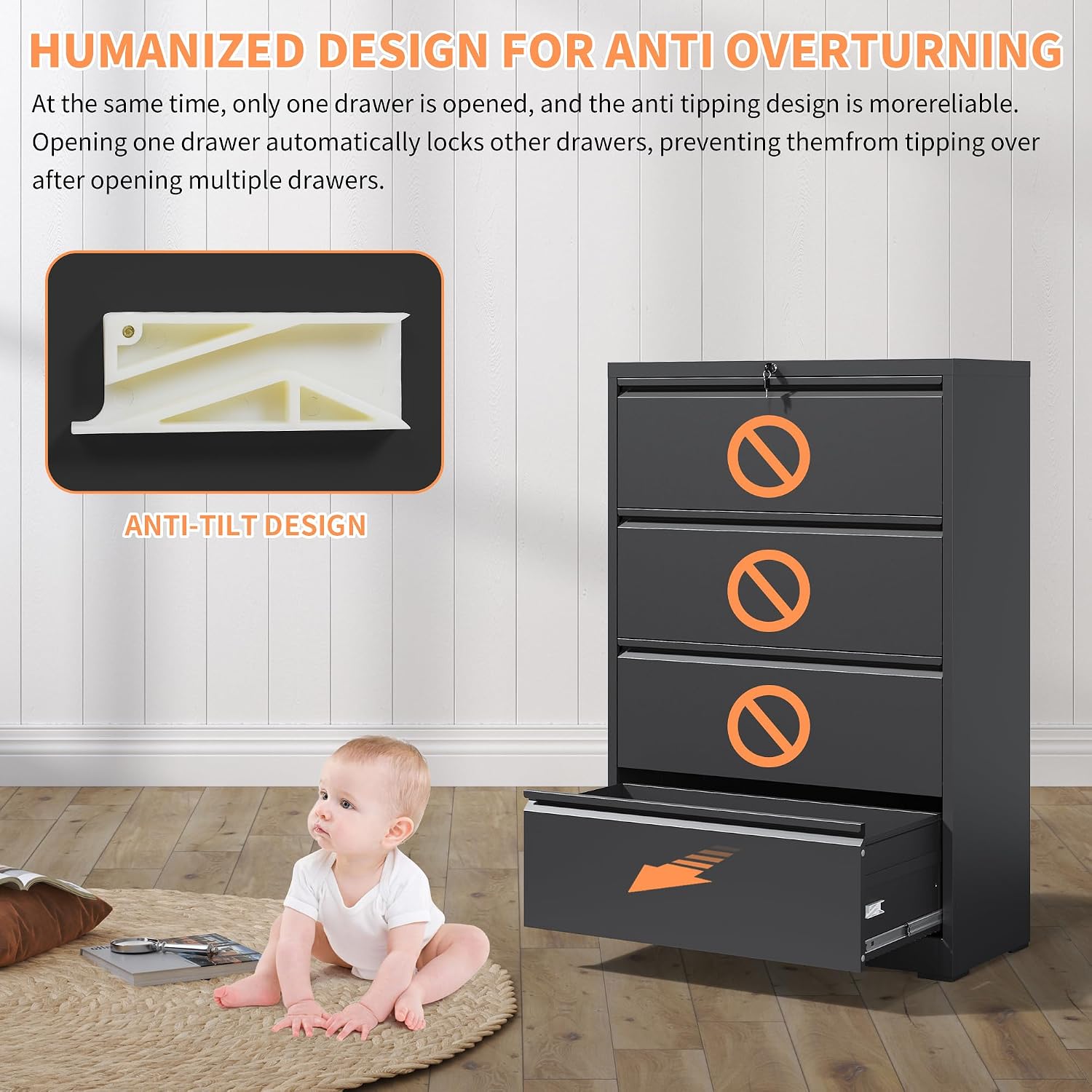 4-Drawer Office File Cabinet, Home Desk Organizer, Lateral File Cabinet with Lock – Heavy-Duty Metal, Filing Cabinet for Home Office, Wide Storage for Letter/Legal/A4/F4, Full-Extension Quiet Slides
