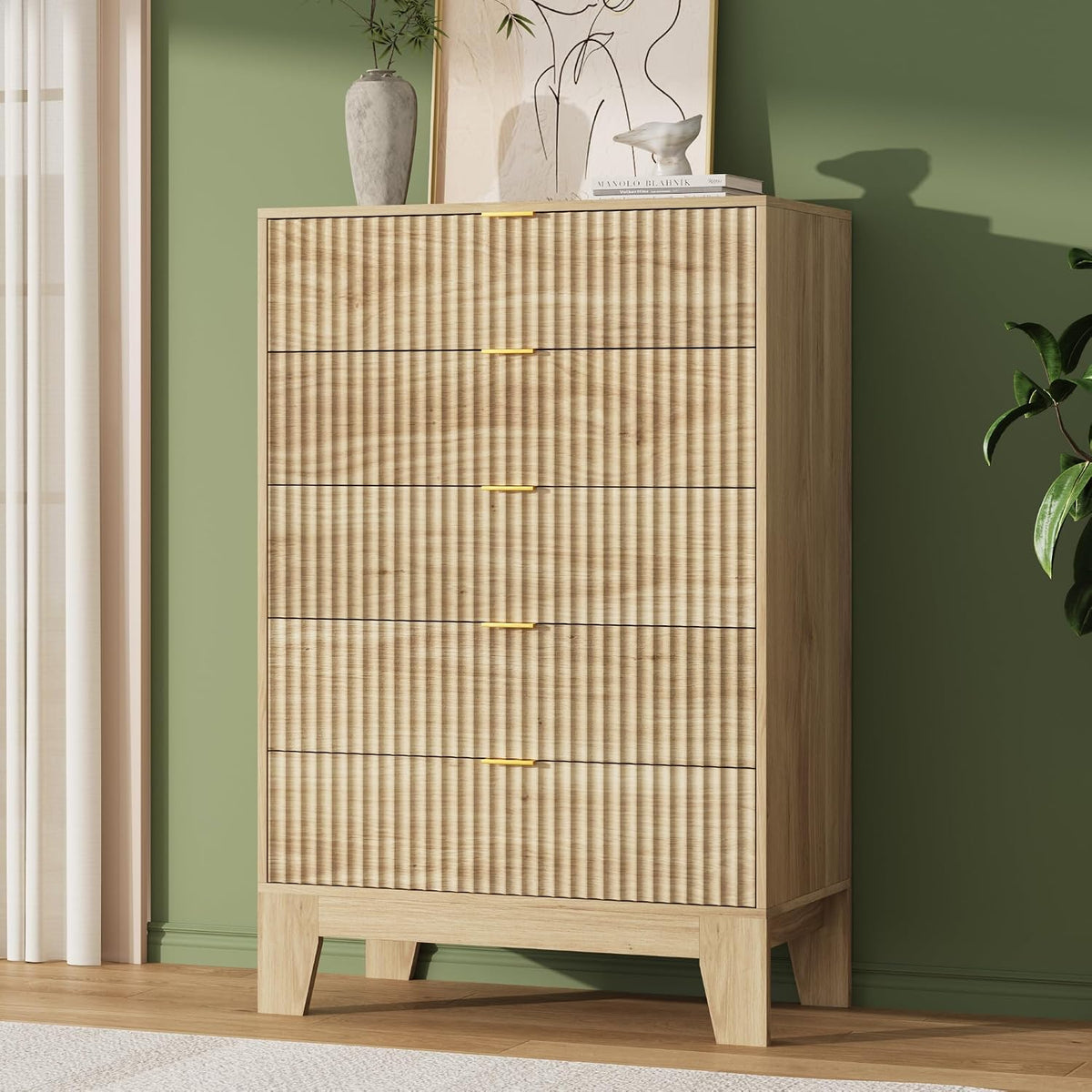 Garvee 5 Drawer Dresser for Bedroom, 47" Tall Fluted Chest of Drawers, Oak