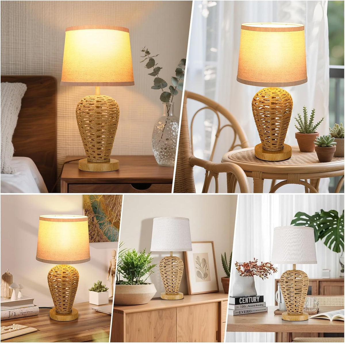 19" Boho Table Lamp with 100% Hand Woven Rattan Body & Wood Grain Fi...