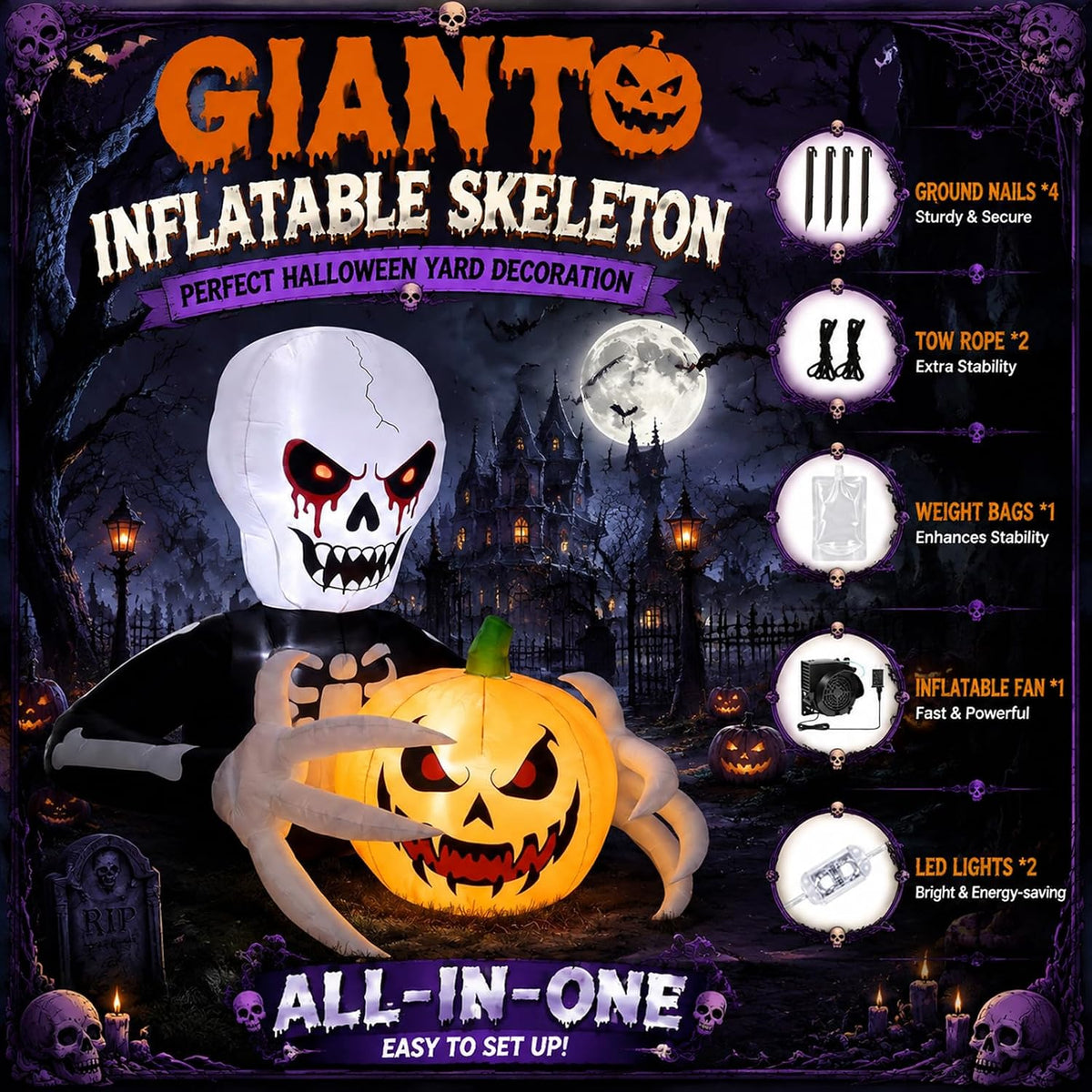 Gardwin 7 FT Halloween Inflatables Skeleton Reaper with Jack-o'-Lantern O...
