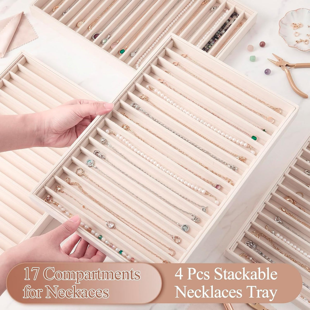 Cinnvoice 4 Pcs Large Stackable Jewelry Organizer Tray Velvet Bracelet Ring N...