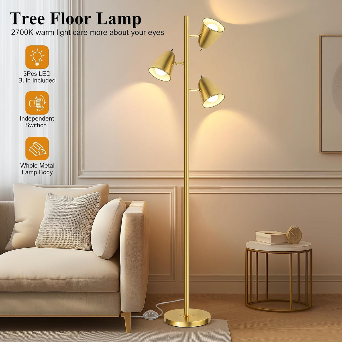 QiMH Tree Floor Lamp with 3 Light Bulbs, Standing Tall Pole Lamps for Living ...