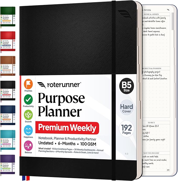 Purpose Planner Notebook B5 7.5”x9.8” Undated 2026 Daily Weekly and Monthly by Roterunner