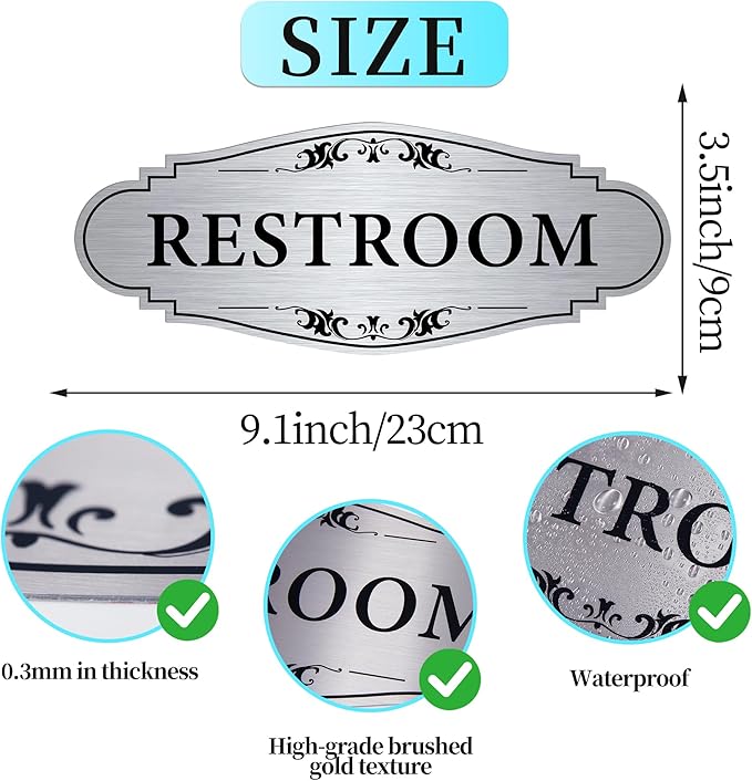 Restroom Sign Sticker for Business & Home, Self-Adhesive Brushed Silver Elegant - Image 2