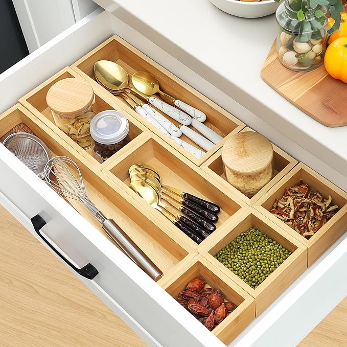 Bamboo Drawer Organizer Set, Junk Drawer Divider and Storage Trays Containers - Image 6