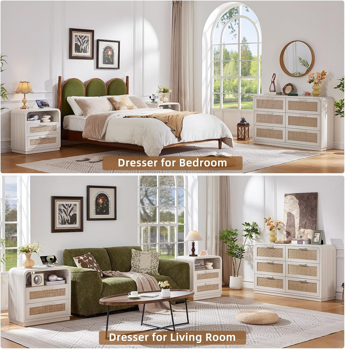 LEYAOYAO Rattan 6 Drawer Dresser for Bedroom, Grey White