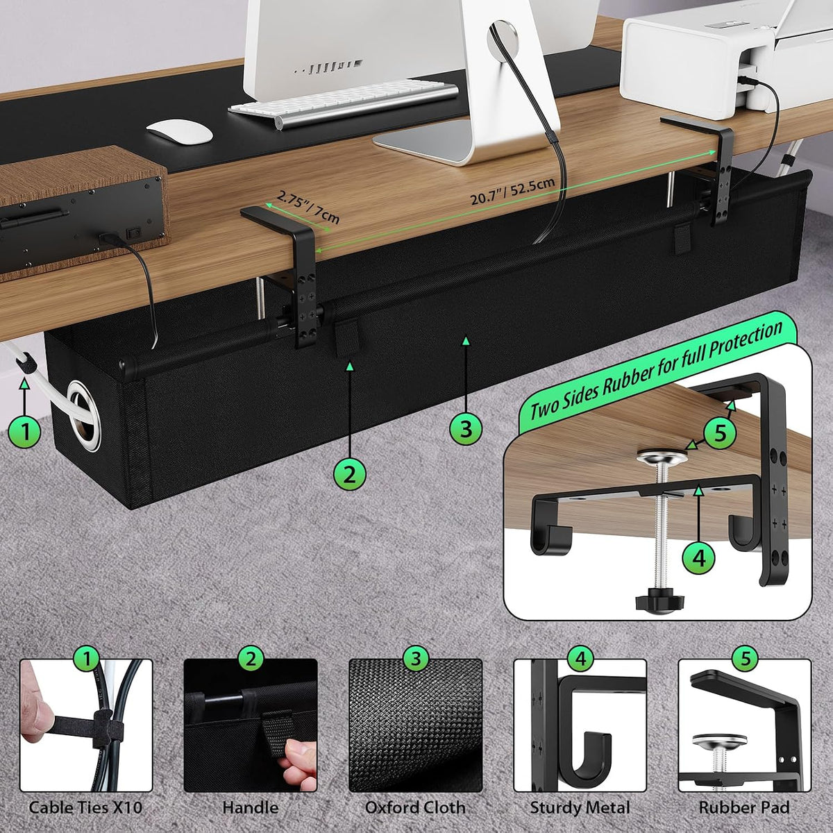 KEEGH Under Desk Cable Management Tray 36", No Drill Cord Organizer, Black