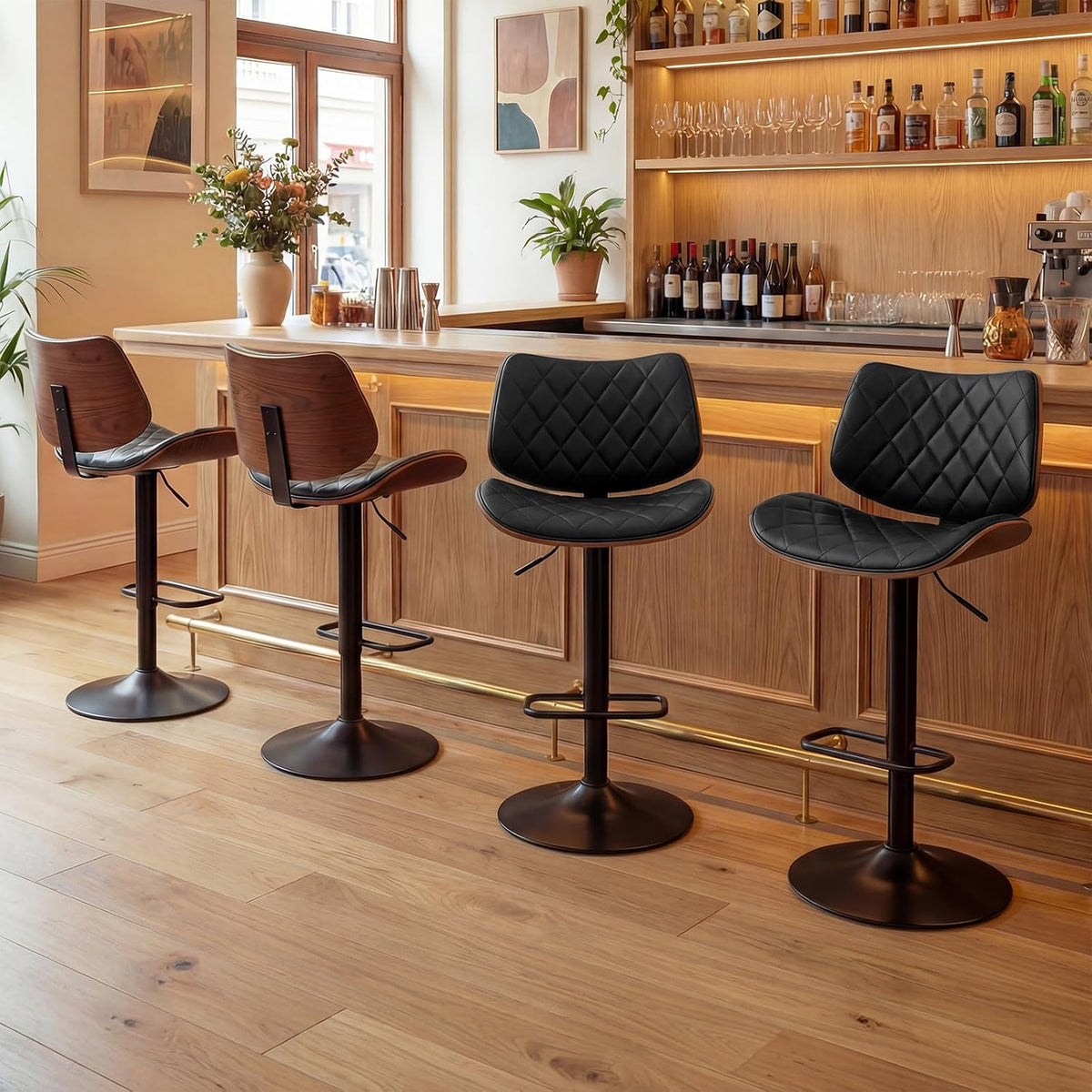 LUNLING Swivel Bar Stools with Backs and Footrest Set of 4,Adjustable Mid Cen...