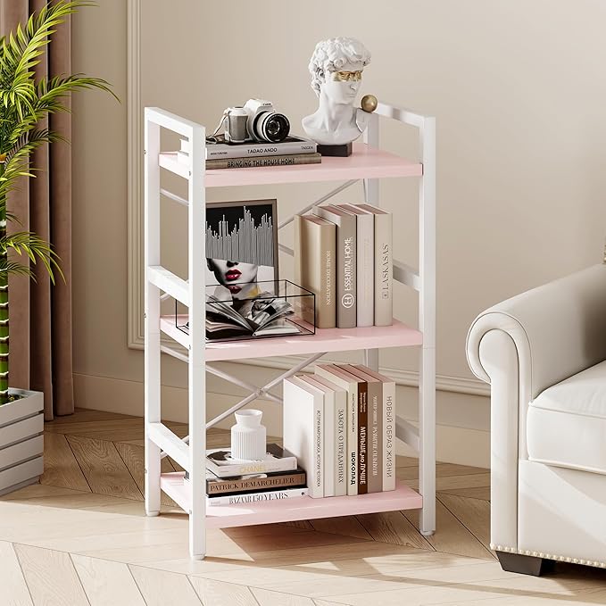 Homeiju Pink Bookshelf, 3 Tier Industrial Bookcase, Metal Small Bookcase - Image 6