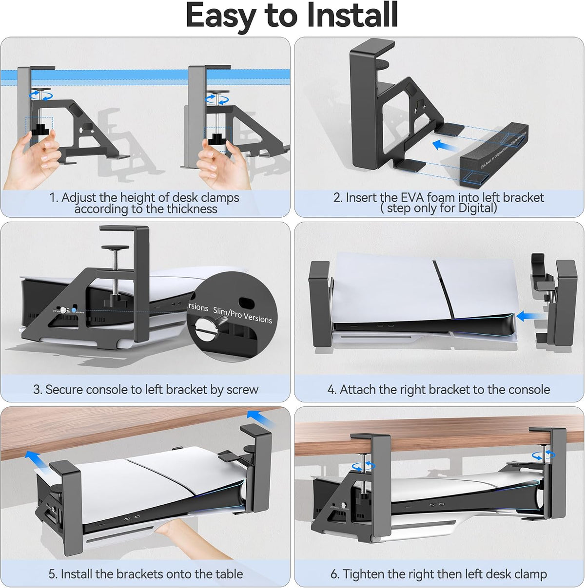 Kosker No-Drill PS5/Slim/Pro Under Desk Mount, Metal Under Desk PS 5 Mount fo...