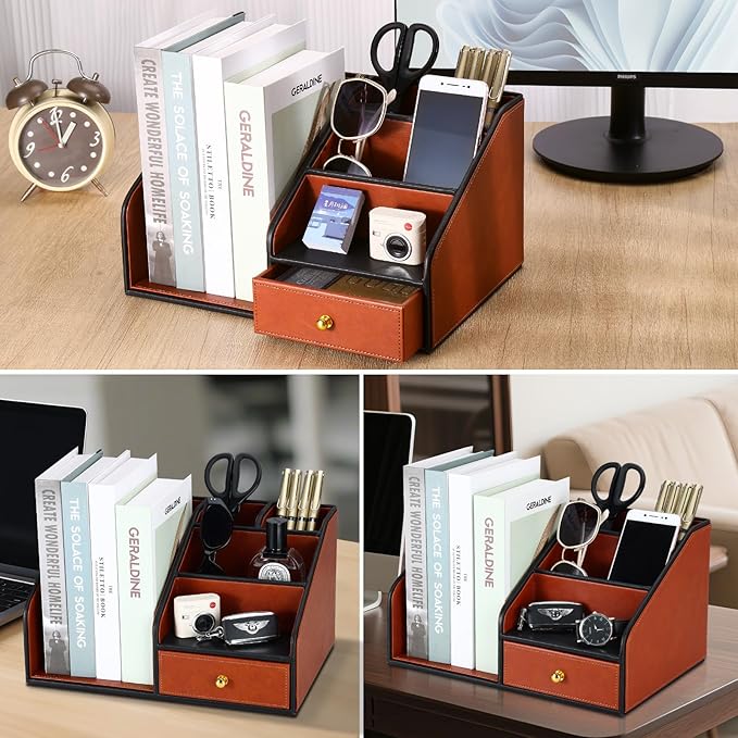 KINGFOM PU Leather Desk Organizer, Pen Pencil Holder/Book Mail Organizer Holder - Image 8