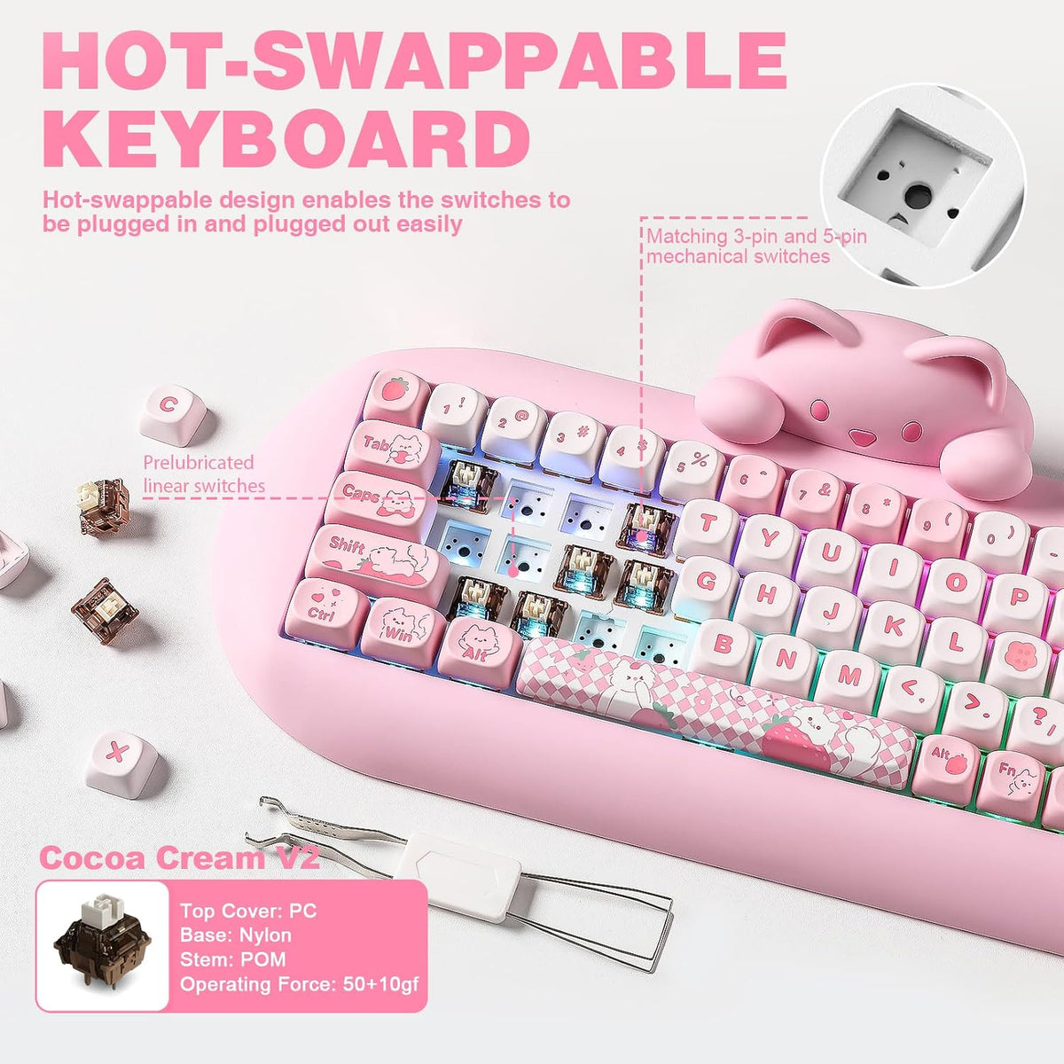 YUNZII C68 Silicone Cute Cat Mechanical Keyboard (Pink, Cocoa Cream Switch)