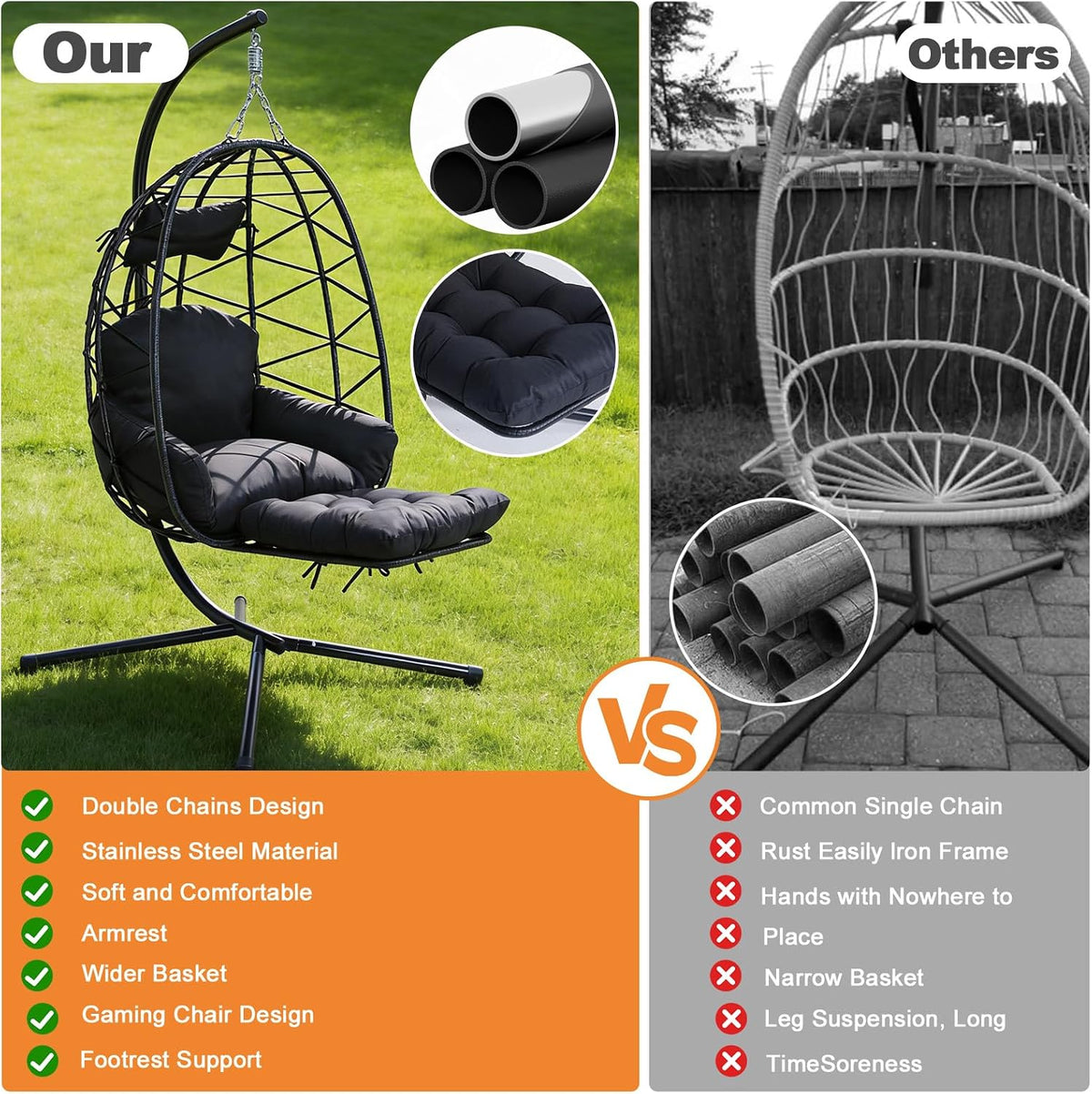 Hanging Egg Chair with Footrest & Stand, Wicker Rattan Swing Hammock Chai...