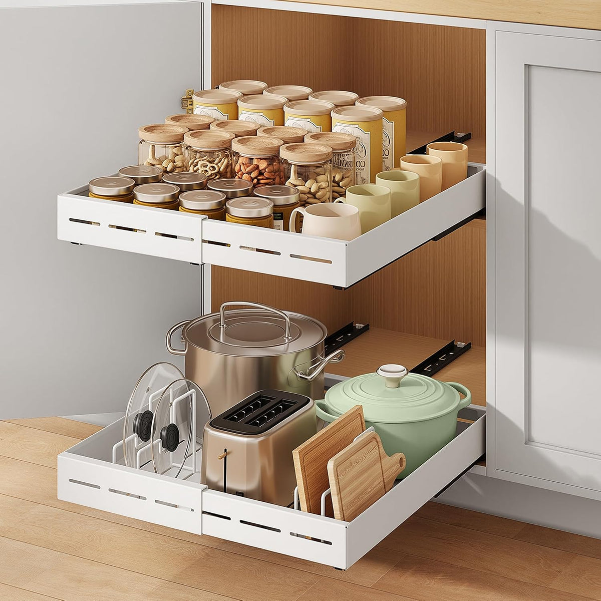 SONGMICS 2 Pack Expandable Pull Out Cabinet Organizer 21"Deep 3 Rail Slide