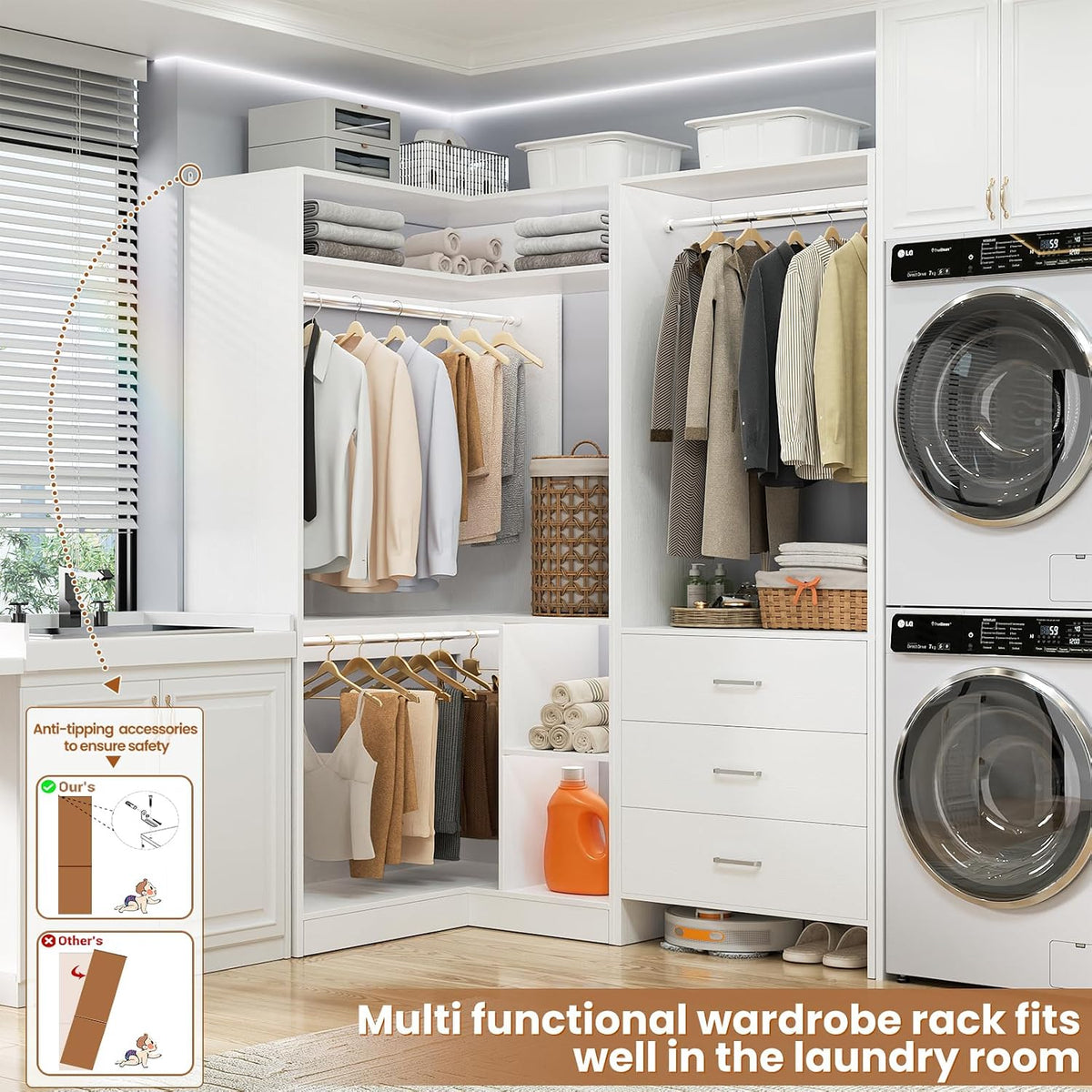 Aheaplus Closet System with 3 Drawers, L-Shaped Closet, Set of 2, White
