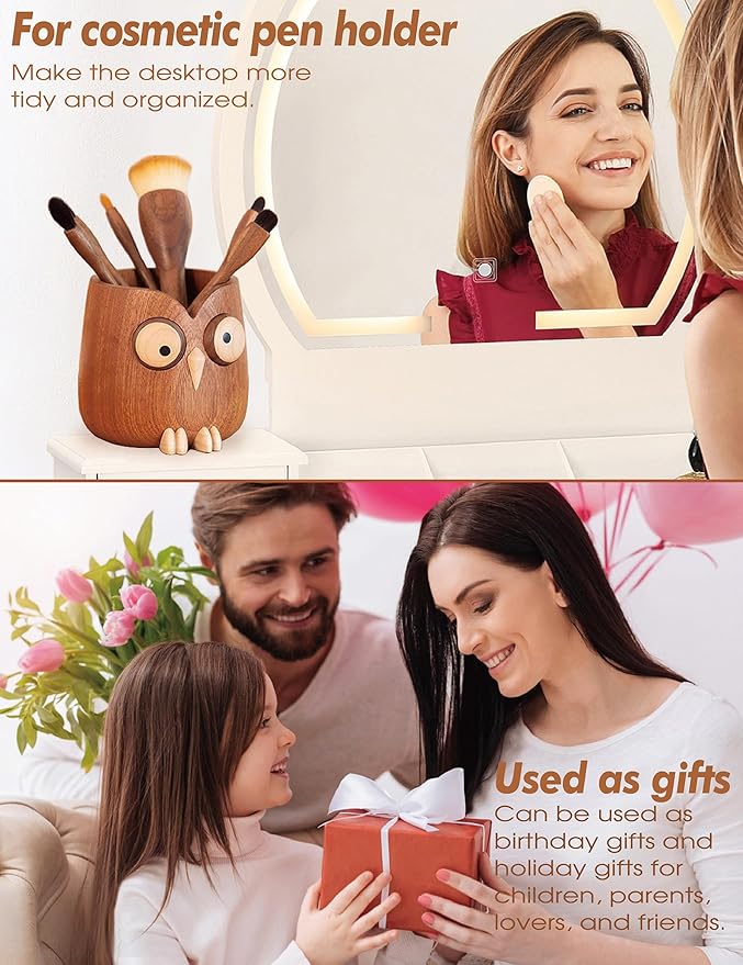 WODTILIFE Cute Owl Pen Holder for desk and walnut Phone Stand, Fun ebony pencil - Image 4