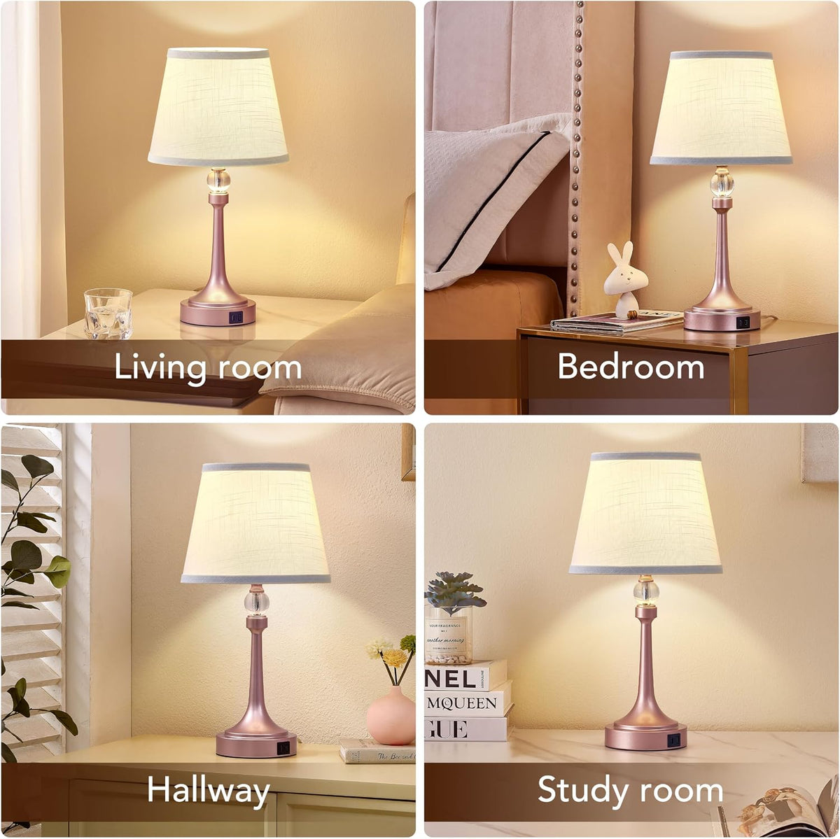 Touch Table Lamp Set of 2 with USB C+A Ports-19.7'' Rose Gold
