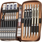 nicpro 30pcs art mechanical pencil set in leather, front angle view