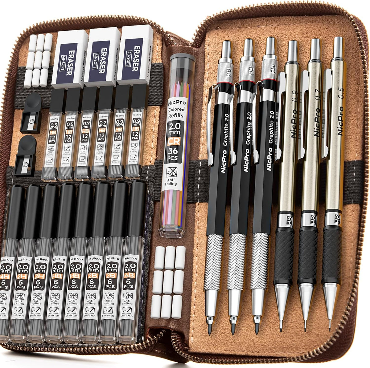 nicpro 30pcs art mechanical pencil set in leather, front angle view