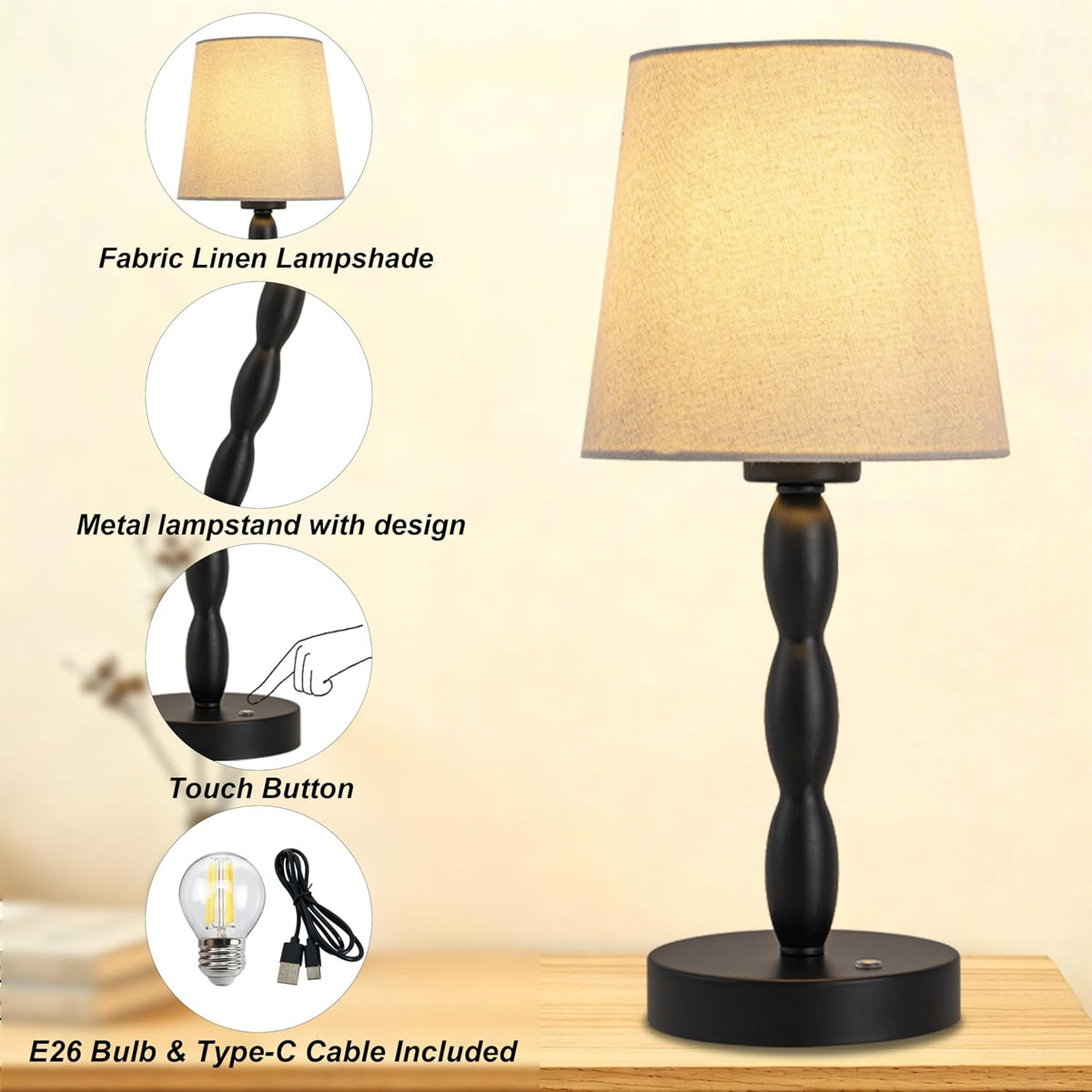 CASTLELIFE Rechargeable Cordless Table Lamp, 5000mAh Battery Powered Touch De...