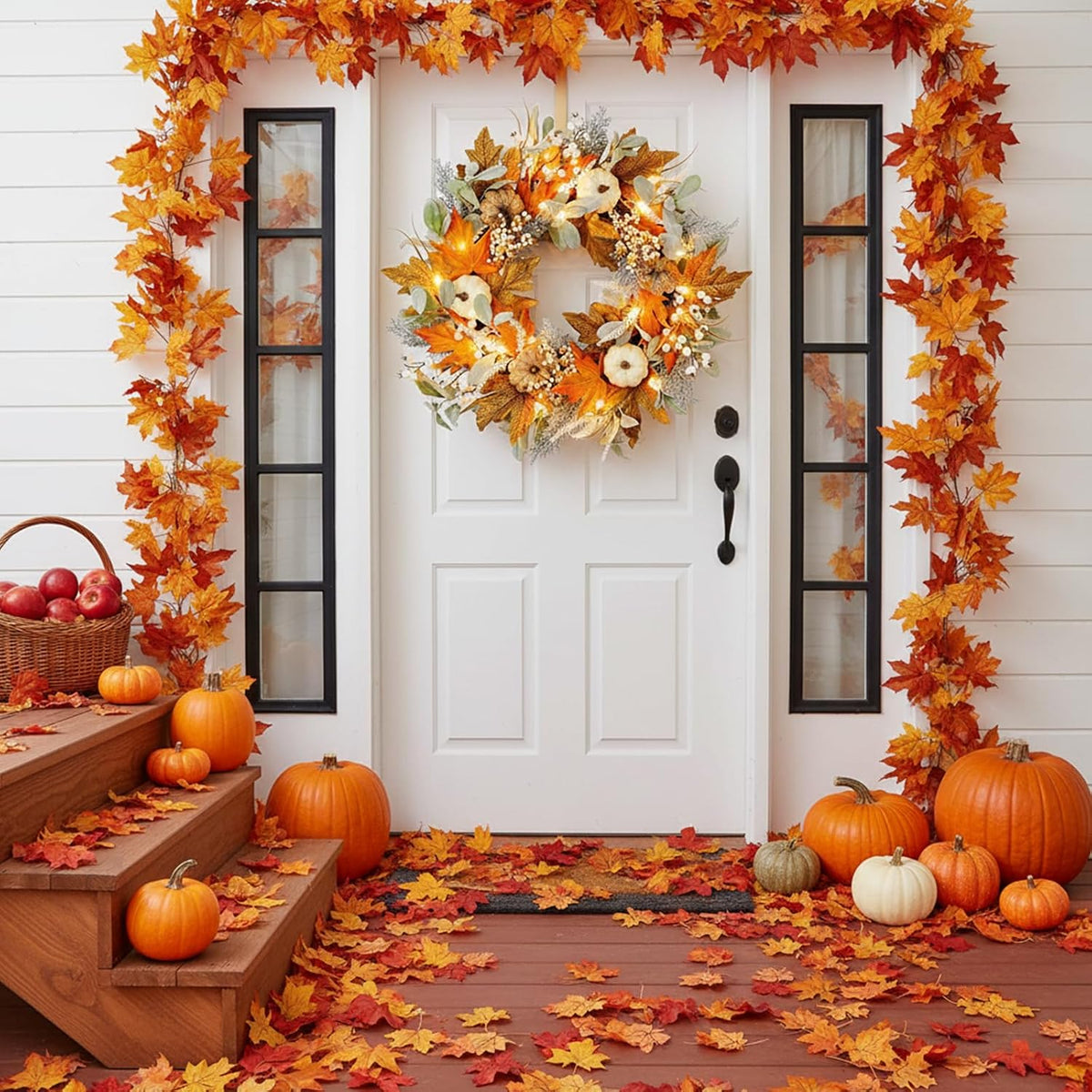 24IN Fall Wreath Prelit for Front Door, Halloween, Thanksgiving Decor