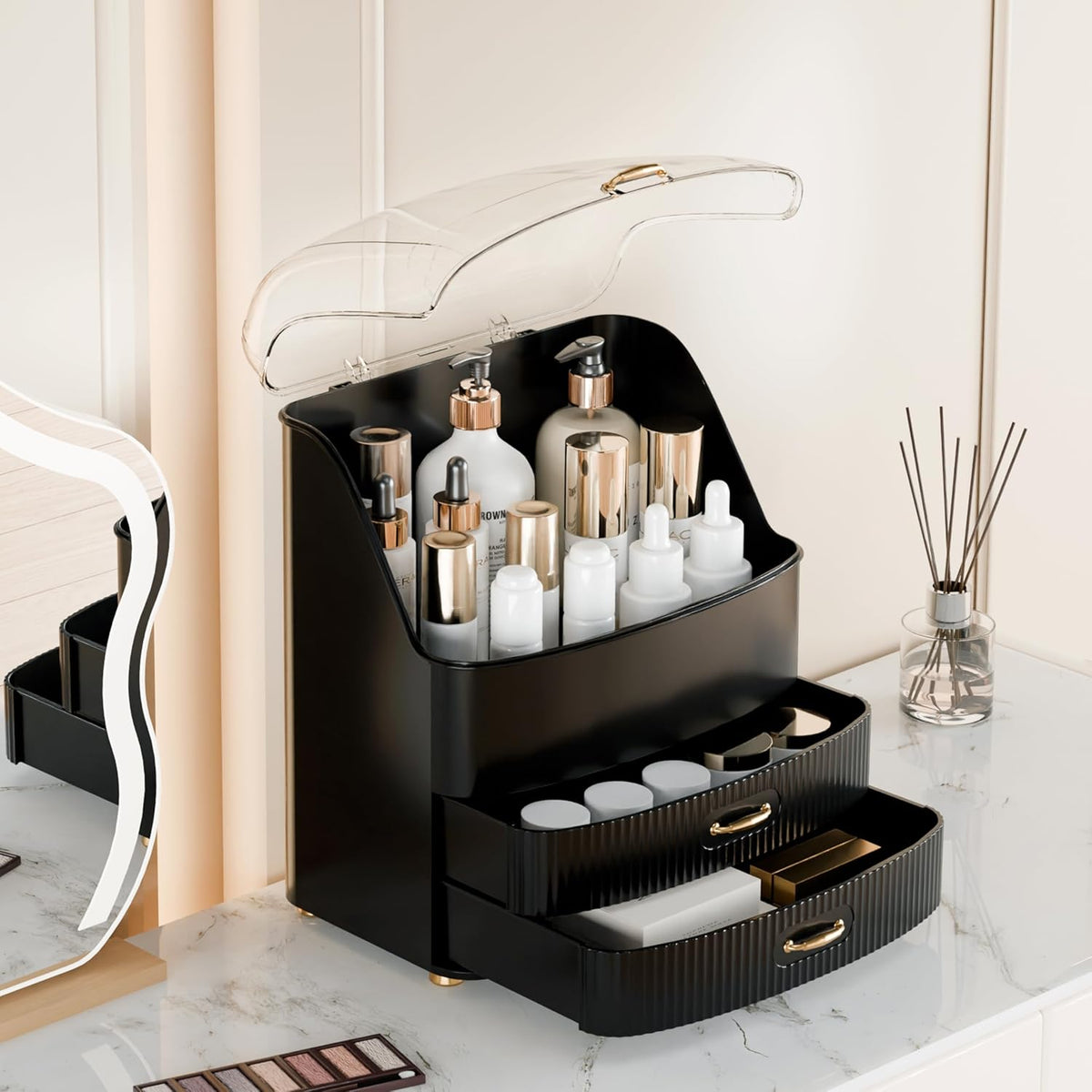 Makeup Organizer Countertop Vanity with Transparent Lid Drawers Waterproof Du...