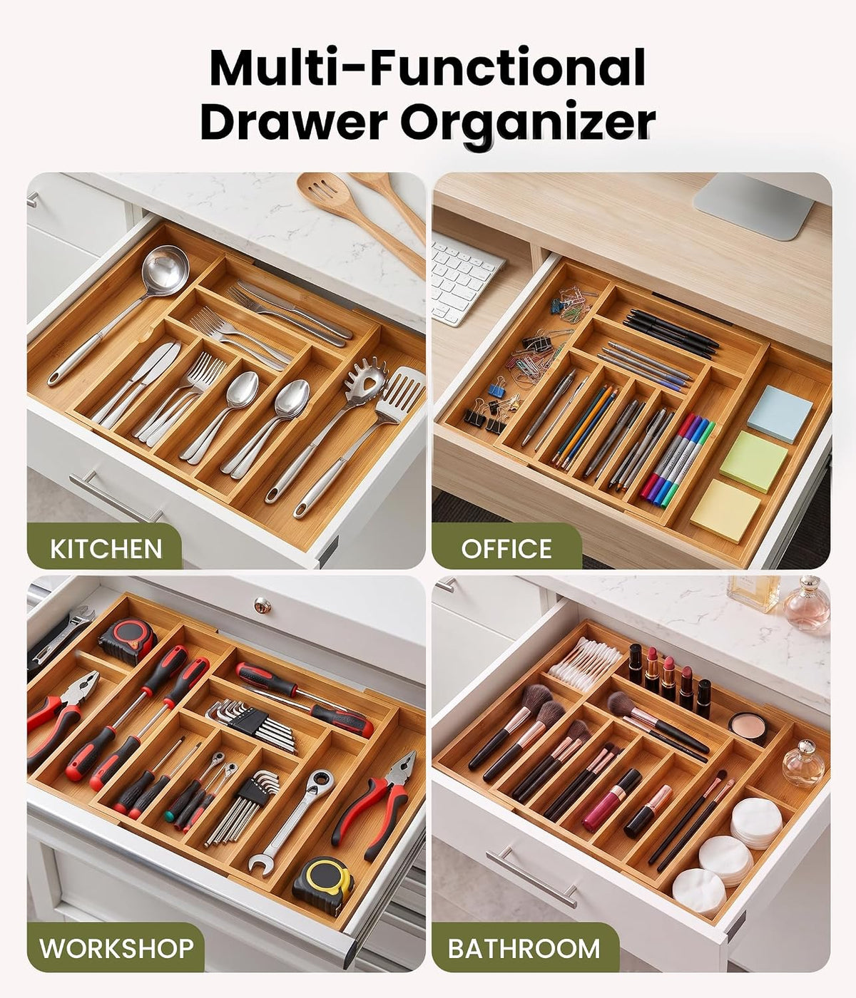 Expandable Bamboo Silverware Organizer, Kitchen Utensil Drawer Organizer