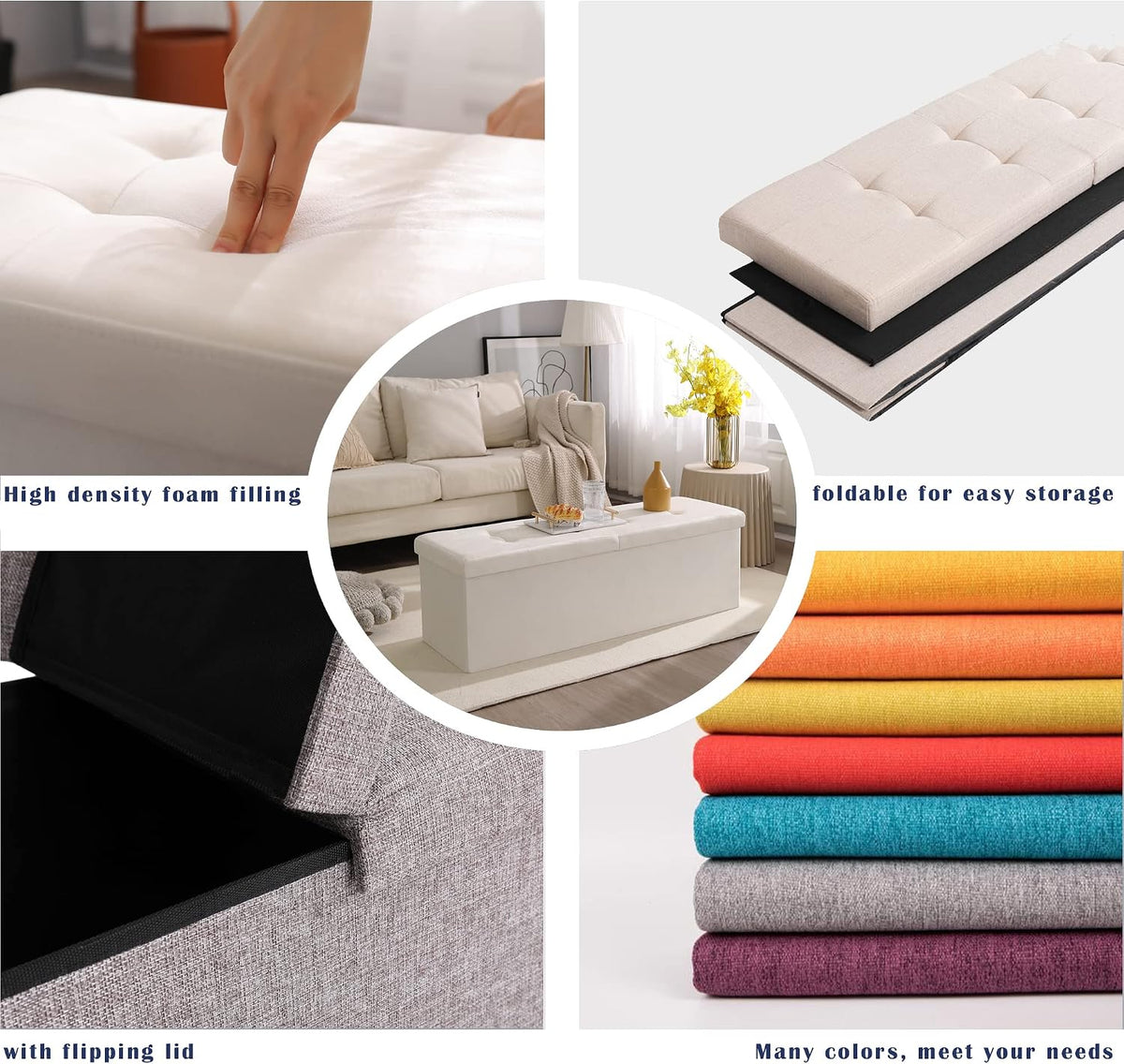 Storage Ottoman Bench Foldable Footrest Foot Stool, 45" Fabric Cream