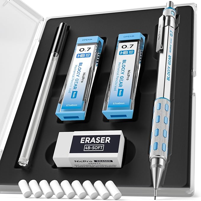 Nicpro Blocky Gear 0.7 mm Mechanical Pencils Set in Case, Metal Pencil by Nicpro