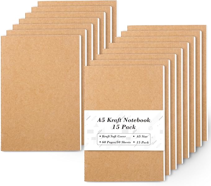 feela 15 Pack A5 Kraft Notebooks, 60 Lined Blank Pages Travel Journal Bulk by feela