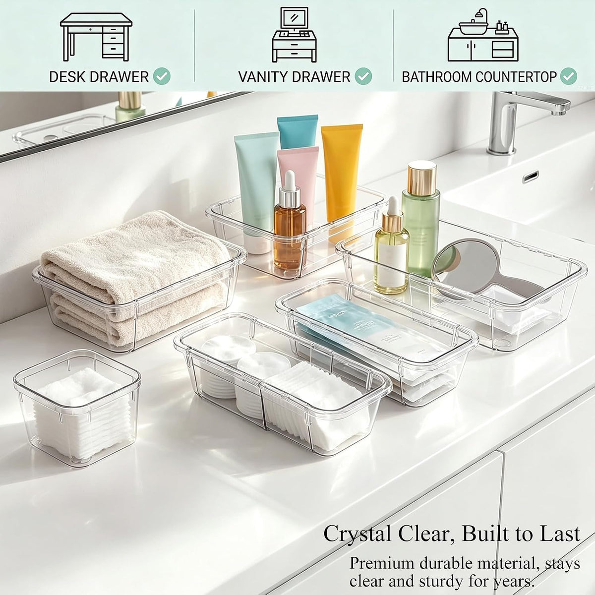 25Pcs Clear Expandable Drawer Organizer Bins for Vanity Desk Bathroom
