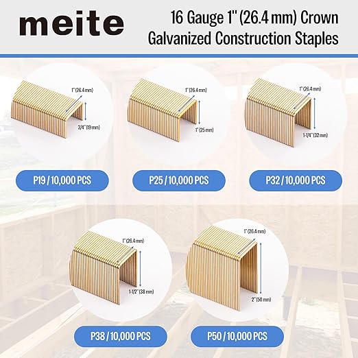 meite 16 Gauge 1-Inch Wide Crown Staples 1'' Leg, Galvanized P-Type Heavy Duty - Image 2