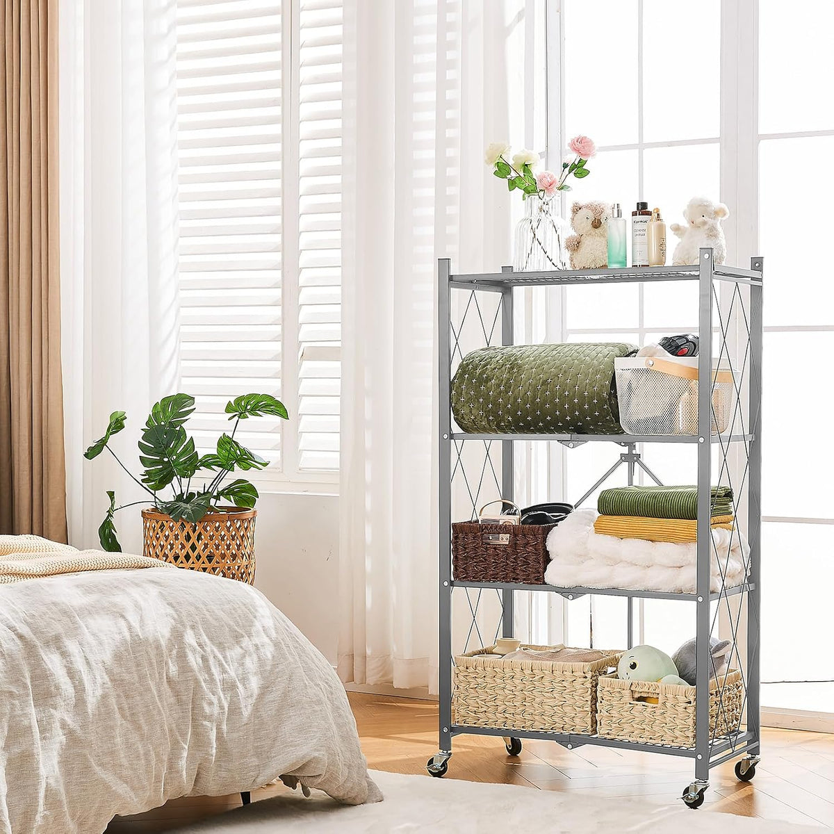 BRIAN & DANY 4-Tier Foldable Storage Shelves with Wheels, Folding Metal R...