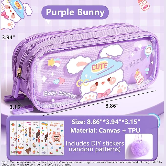 UINSUE Cute Pen case Adorable Bunny Transparent 3-Layer Large Capacity Pencil - Image 6