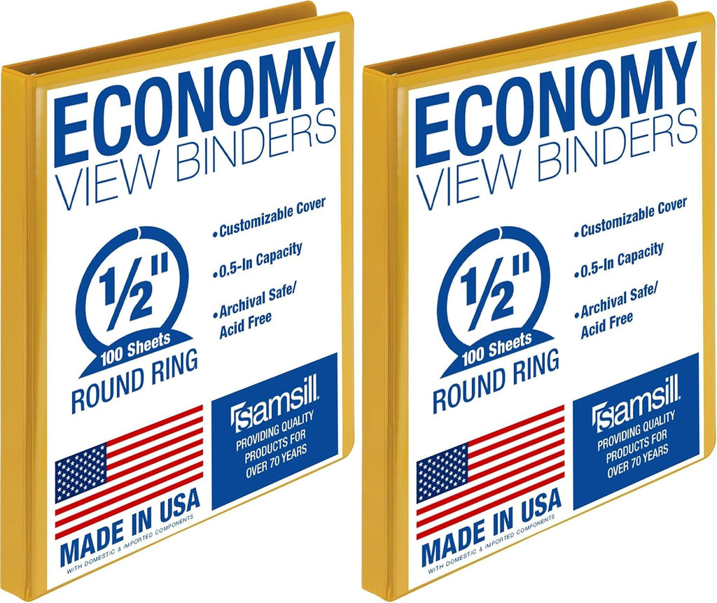 Samsill Economy 0.5 Inch 3 Ring Binder, Made in The USA, Round Ring Binder, Customizable Clear View Cover, Yellow (‎18515) (Pack of 2)