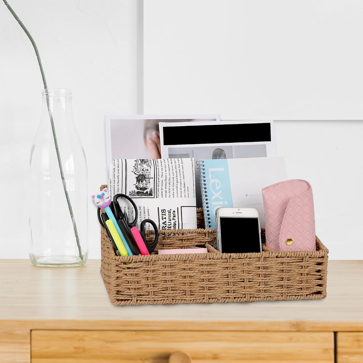 Woven Desk Organizer Basket with 5 Compartments, Rustic Paper Rope Mail Holde...