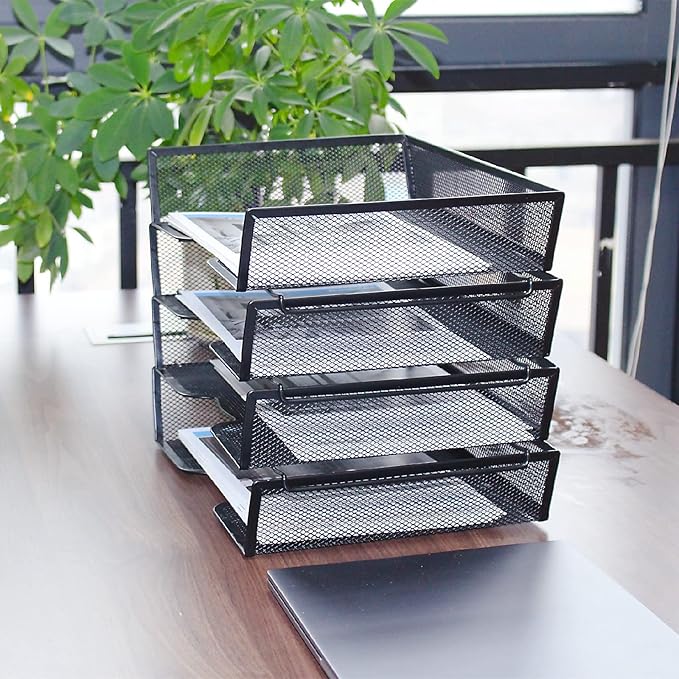 SETTFRFE 4 Tier Metal Mesh Desk Organizer-Stackable Letter Trays - Image 6