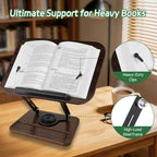 Book Stand for Reading, 360° Rotating Book Holder for Desk, Heavy Duty Bible Stand with Page Clips, Adjustable Height for Thick Textbooks, Cookbooks, Music Book