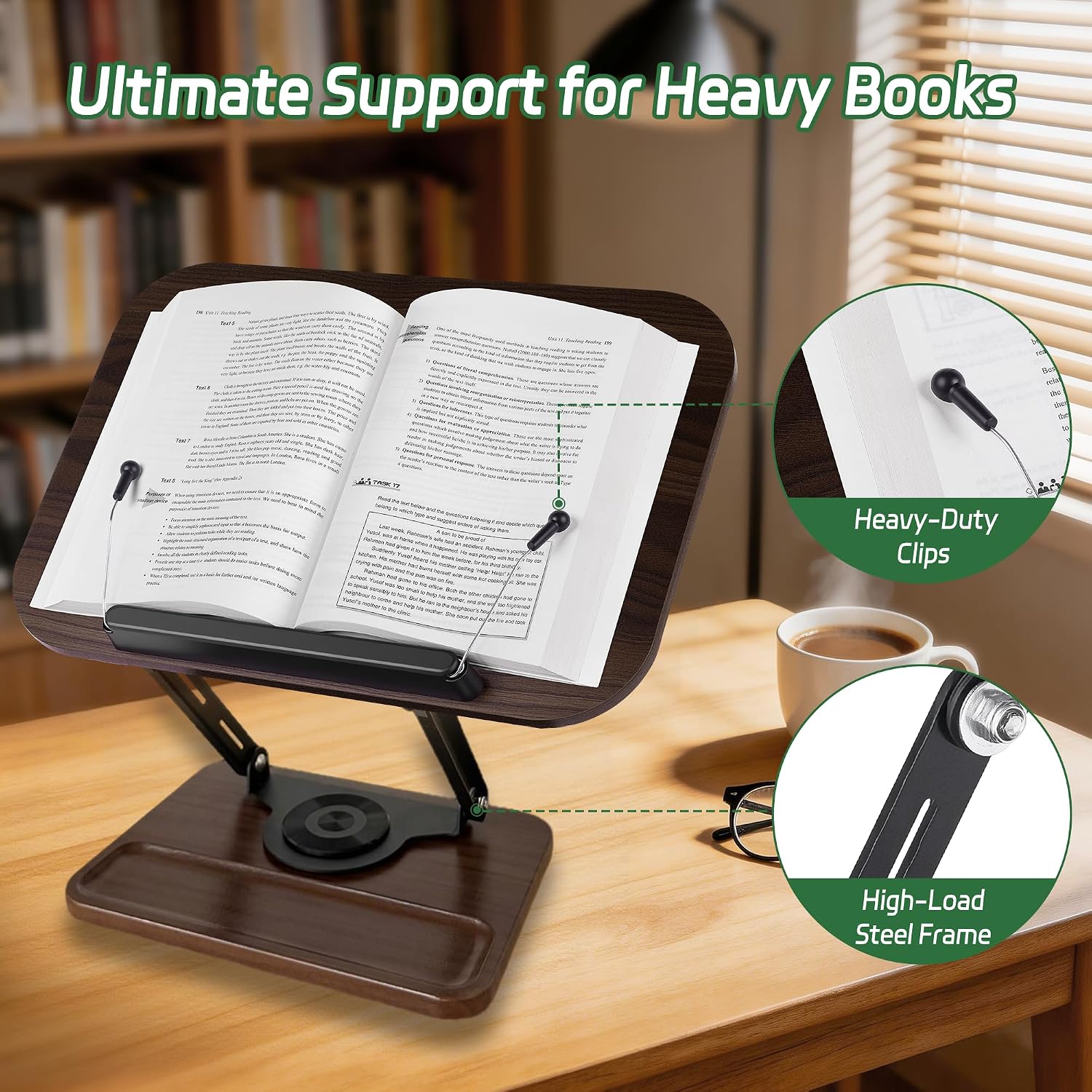 Book Stand for Reading, 360° Rotating Book Holder for Desk, Heavy Duty Bible Stand with Page Clips, Adjustable Height for Thick Textbooks, Cookbooks, Music Book