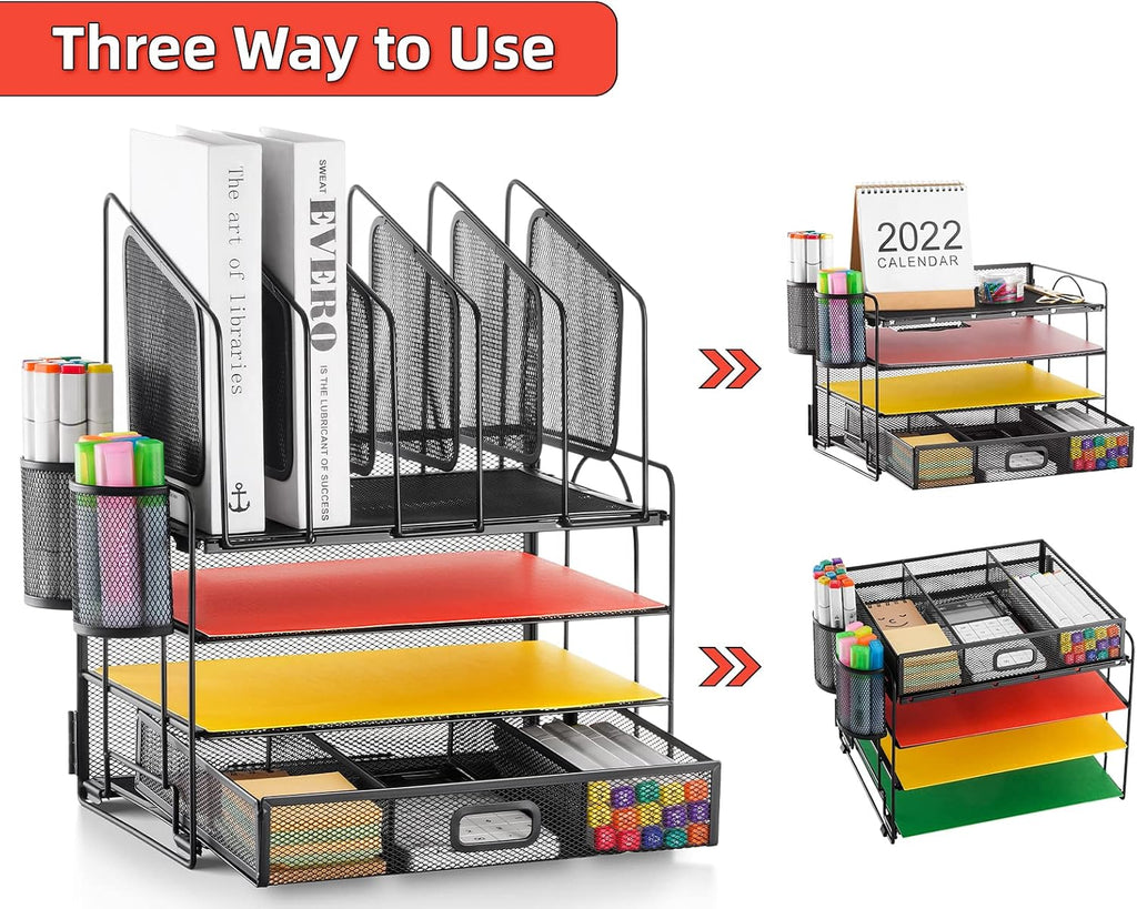 marbrasse desk organizer with drawer, 4-tier mesh file, side view
