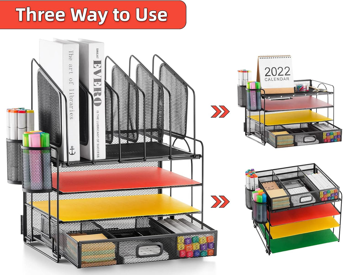 marbrasse desk organizer with drawer, 4-tier mesh file, side view