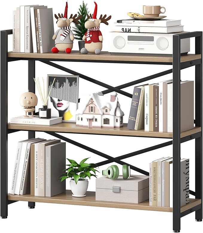 Homeiju 3 Tier Bookshelf 31.49" Width, Wood and Metal Etagere Bookcase by Homeiju