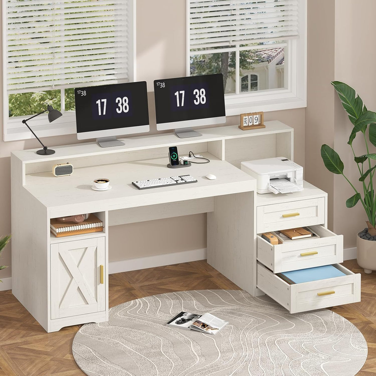 TVU 65" White Computer Desk with Drawers and Printer Stand for Home Office