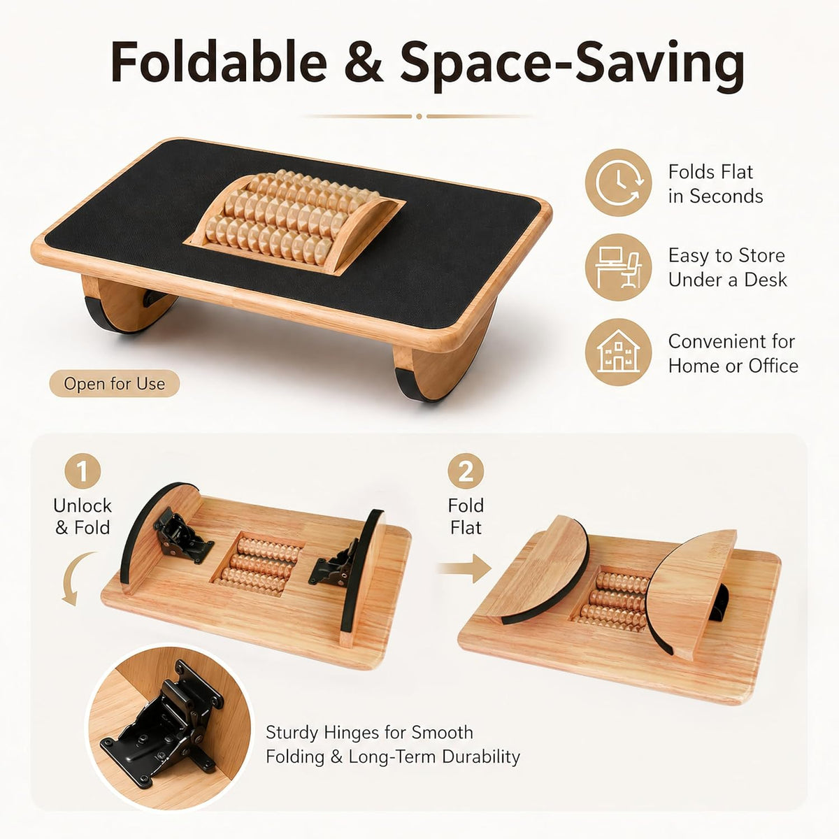 Foldable Under Desk Foot Rest, Wooden Rocking Footrest with 4 Massage Rollers...