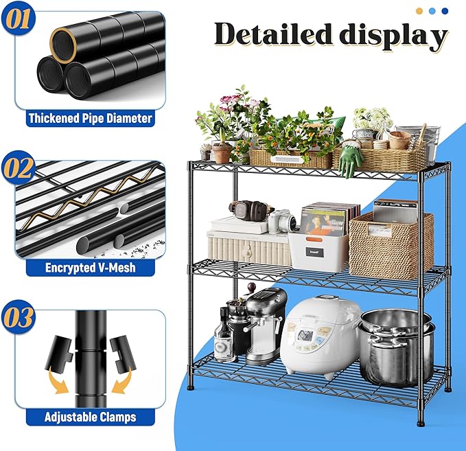 3- Shelf Metal Shelving Unit 35.6Wx14Dx36H, Adjustable Storage Shelves Heavy - Image 5
