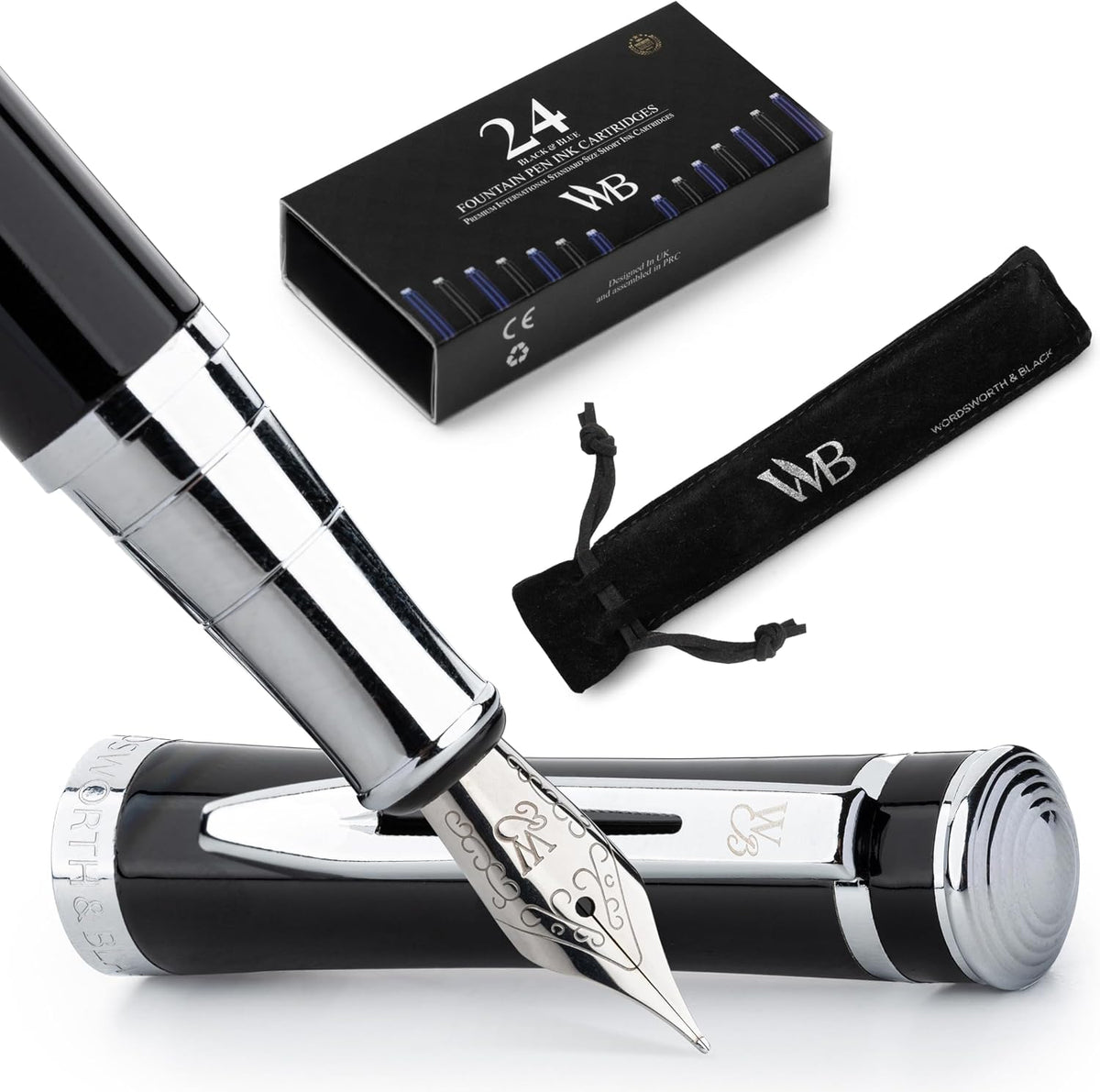 Wordsworth & Black Fountain Pen Set, Medium Nib, Includes 24 Pack Ink Cartridges